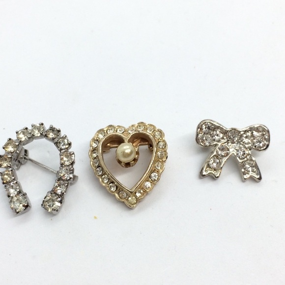 3/$30 BUNDLE VINTAGE HEART BOW HORSESHOE RHINESTONE PINS SET 3 SILVER GOLD TONE - Picture 3 of 6